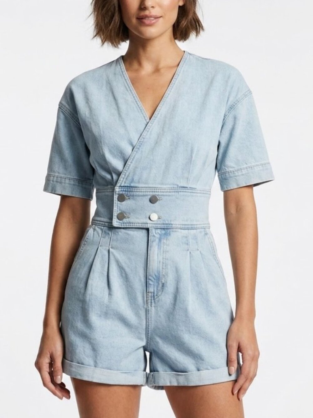 Coco Ce Light Wash Denim Romper Smocked Waist Surplice V-Neck Jumpsuit Med NWT